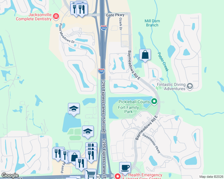 map of restaurants, bars, coffee shops, grocery stores, and more near 7990 Baymeadows Road East in Jacksonville