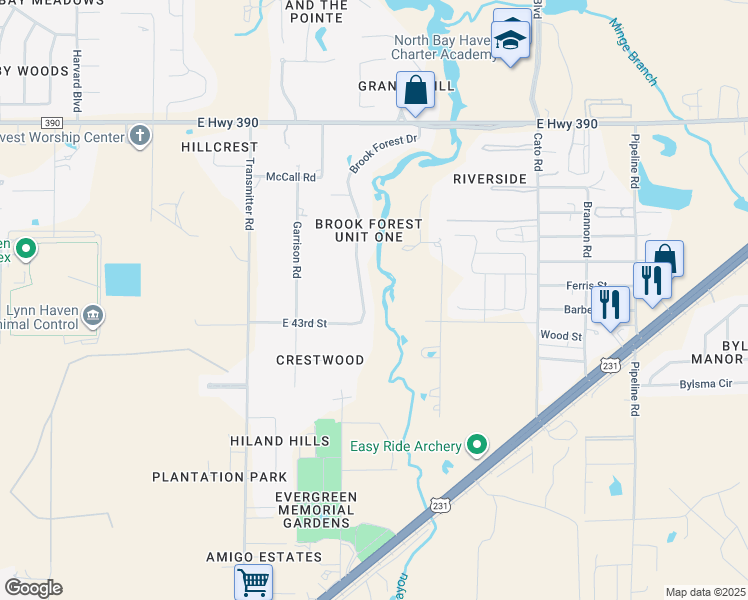 map of restaurants, bars, coffee shops, grocery stores, and more near 4312 Brook Forest Drive in Panama City
