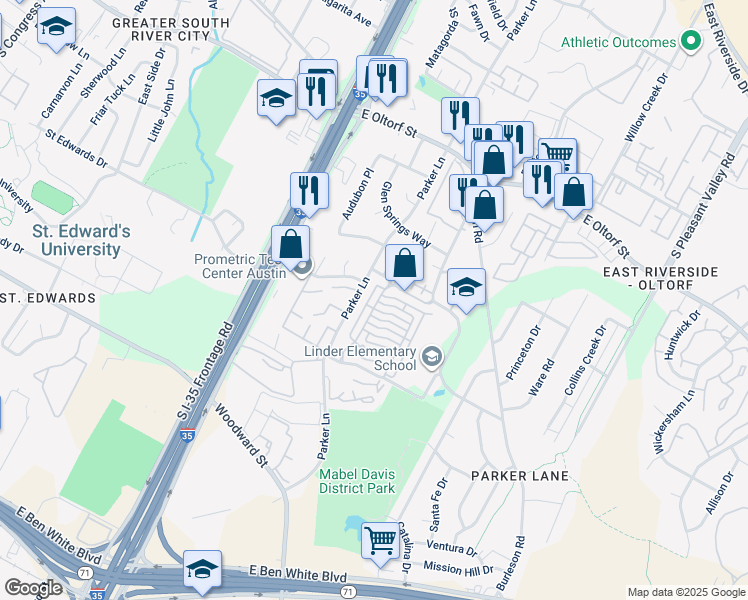 map of restaurants, bars, coffee shops, grocery stores, and more near 1900 Dinsdale Lane in Austin