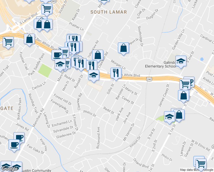map of restaurants, bars, coffee shops, grocery stores, and more near 4315 Gillis Street in Austin