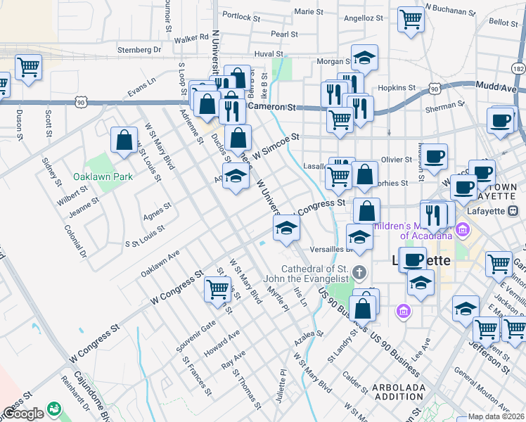 map of restaurants, bars, coffee shops, grocery stores, and more near 414 Bellevue Street in Lafayette