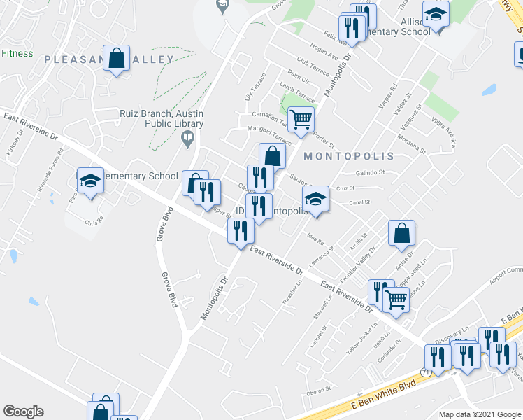 map of restaurants, bars, coffee shops, grocery stores, and more near 1710b Montopolis Drive in Austin