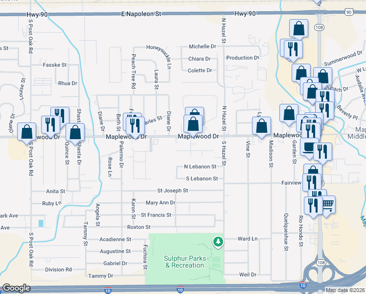 map of restaurants, bars, coffee shops, grocery stores, and more near 604 Shady Ln in Sulphur