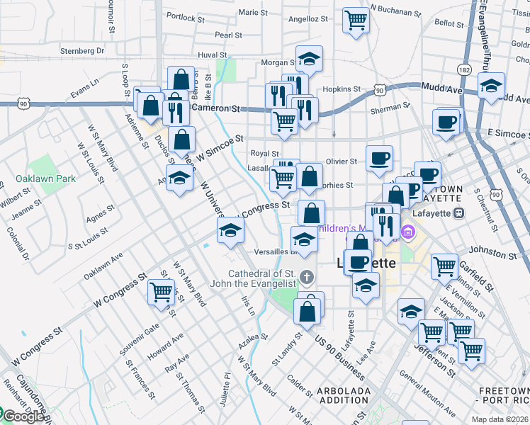 map of restaurants, bars, coffee shops, grocery stores, and more near 137 Cedar Crest Court in Lafayette