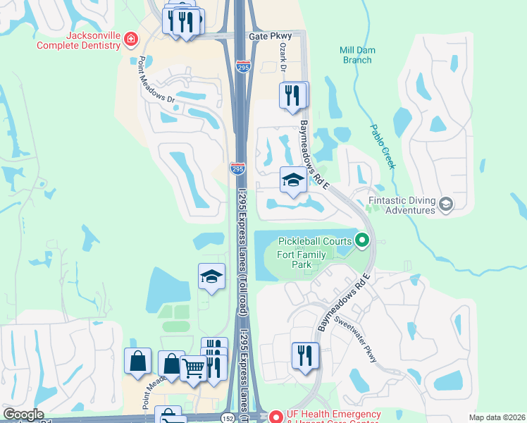 map of restaurants, bars, coffee shops, grocery stores, and more near 7990 Baymeadows Road East in Jacksonville