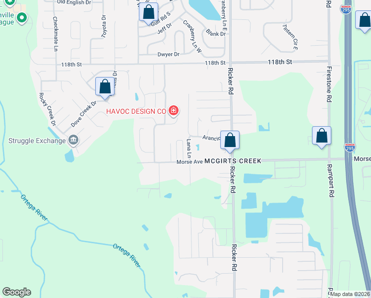 map of restaurants, bars, coffee shops, grocery stores, and more near 6676 Lana Lane in Jacksonville