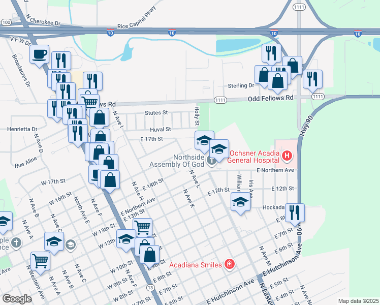 map of restaurants, bars, coffee shops, grocery stores, and more near 725 Hibiscus Street in Crowley