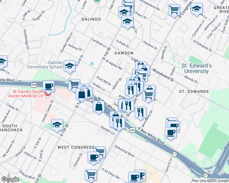 map of restaurants, bars, coffee shops, grocery stores, and more near 3809 Wilson Street in Austin