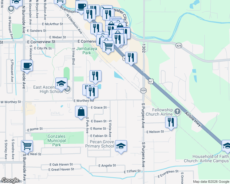 map of restaurants, bars, coffee shops, grocery stores, and more near 830 South Audubon Place Avenue in Gonzales