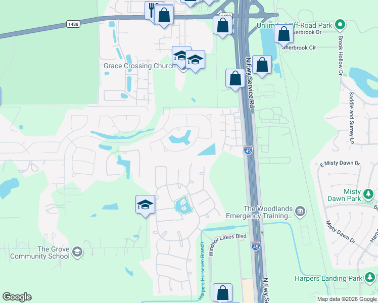 map of restaurants, bars, coffee shops, grocery stores, and more near 2156 Rope Maker Road in Conroe
