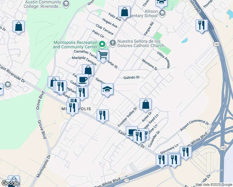 map of restaurants, bars, coffee shops, grocery stores, and more near 6703 Santos Street in Austin