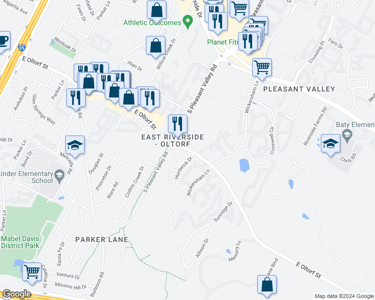 map of restaurants, bars, coffee shops, grocery stores, and more near 15 Huntwick Drive in Austin