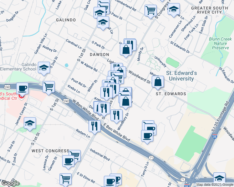 map of restaurants, bars, coffee shops, grocery stores, and more near in Austin