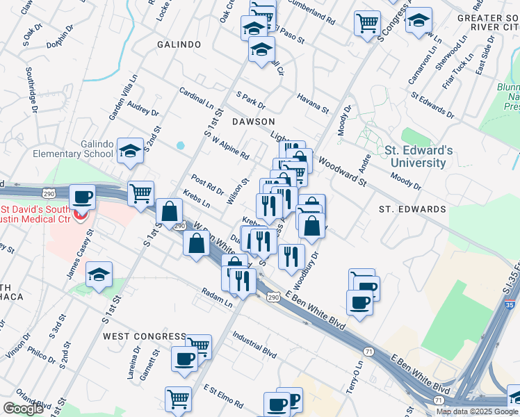 map of restaurants, bars, coffee shops, grocery stores, and more near 213 Lessin Lane in Austin