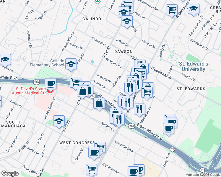 map of restaurants, bars, coffee shops, grocery stores, and more near 3809 Wilson Street in Austin