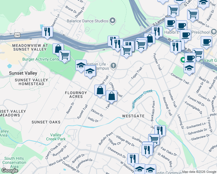 map of restaurants, bars, coffee shops, grocery stores, and more near 4906 Winding Trail in Austin