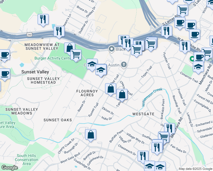 map of restaurants, bars, coffee shops, grocery stores, and more near 5006 West Wind Trail in Austin