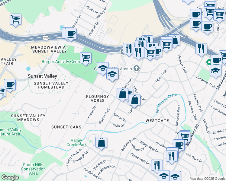 map of restaurants, bars, coffee shops, grocery stores, and more near 5006 West Wind Trail in Austin