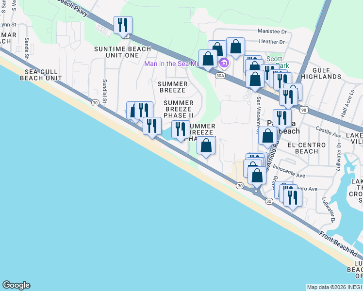 map of restaurants, bars, coffee shops, grocery stores, and more near 17292 Front Beach Road in Panama City Beach