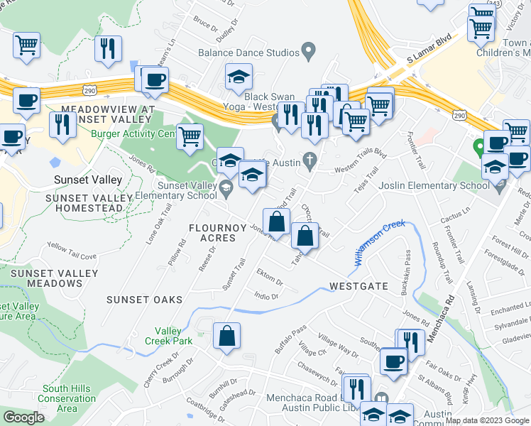 map of restaurants, bars, coffee shops, grocery stores, and more near 5002 West Wind Trail in Austin
