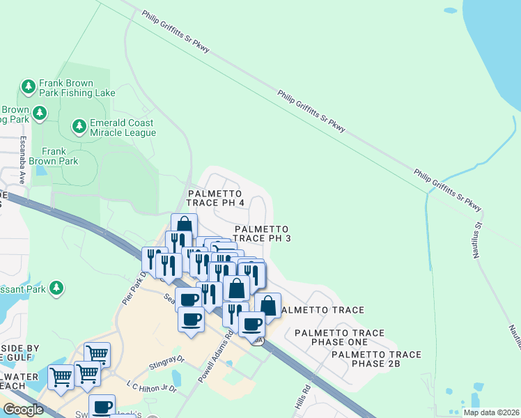 map of restaurants, bars, coffee shops, grocery stores, and more near 405 Bainbridge Street in Panama City Beach