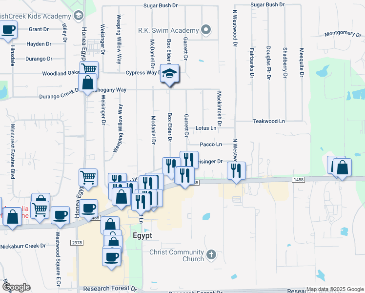 map of restaurants, bars, coffee shops, grocery stores, and more near 211 Garrett Drive in Magnolia