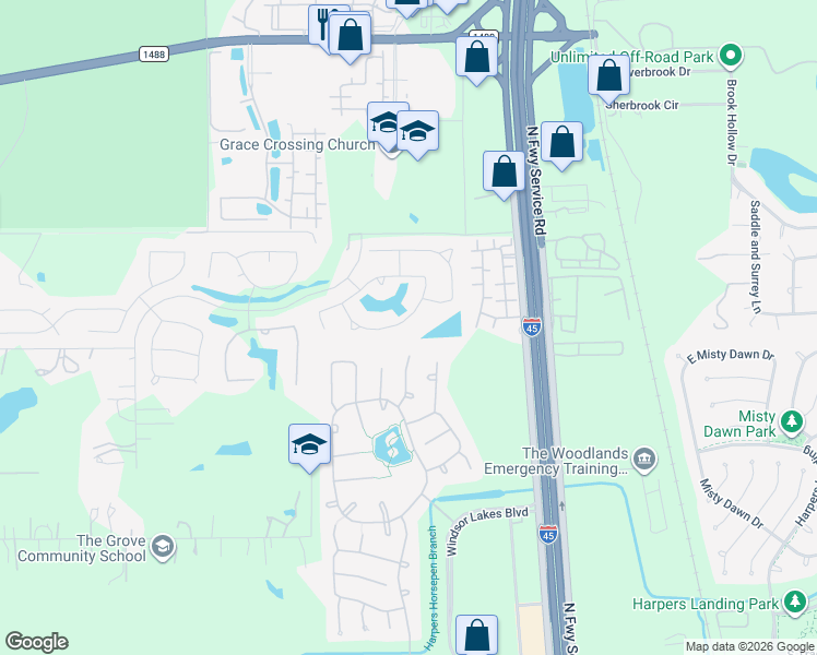 map of restaurants, bars, coffee shops, grocery stores, and more near 2156 Rope Maker Road in Conroe
