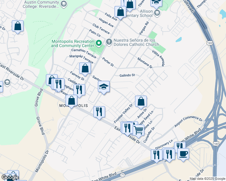 map of restaurants, bars, coffee shops, grocery stores, and more near 6703 Santos Street in Austin