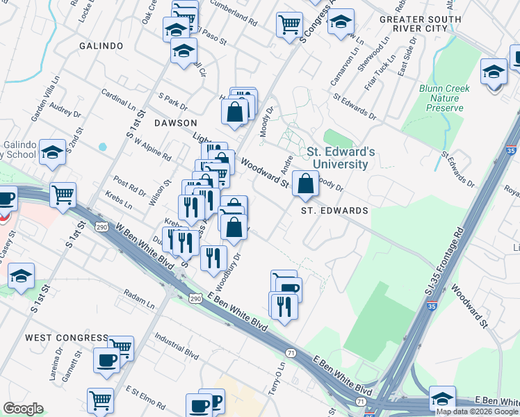 map of restaurants, bars, coffee shops, grocery stores, and more near 3601 South Congress Avenue in Austin