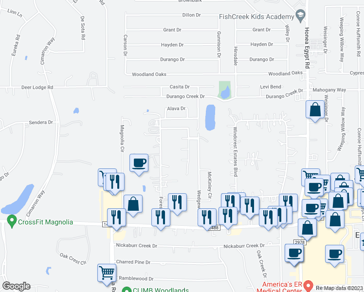 map of restaurants, bars, coffee shops, grocery stores, and more near 7214 Lazy Summer Court in Magnolia