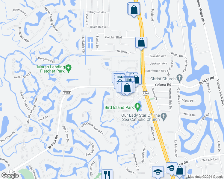 map of restaurants, bars, coffee shops, grocery stores, and more near 100 Ironwood Dr in Ponte Vedra