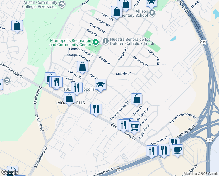 map of restaurants, bars, coffee shops, grocery stores, and more near 6703 Santos Street in Austin
