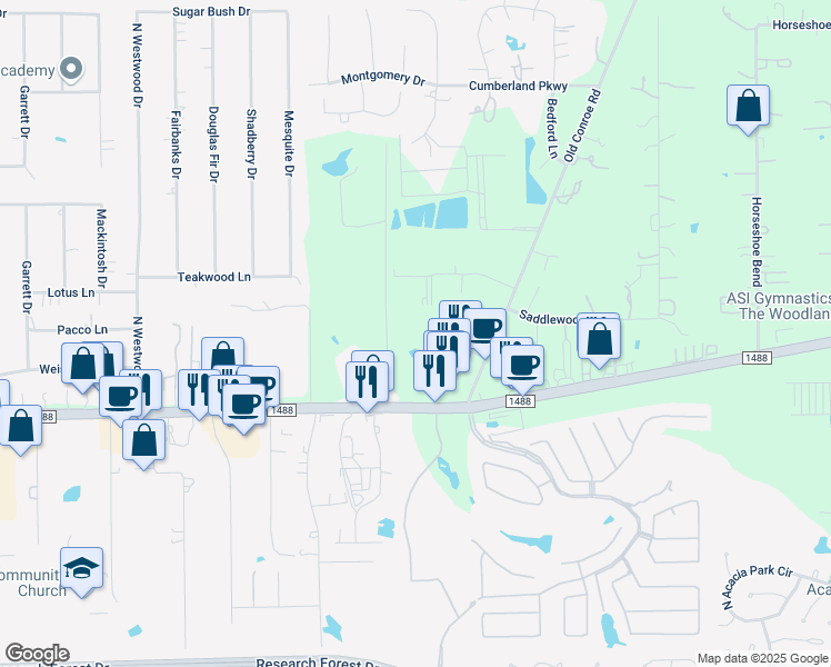 map of restaurants, bars, coffee shops, grocery stores, and more near 450 Woodland Square Boulevard in Conroe