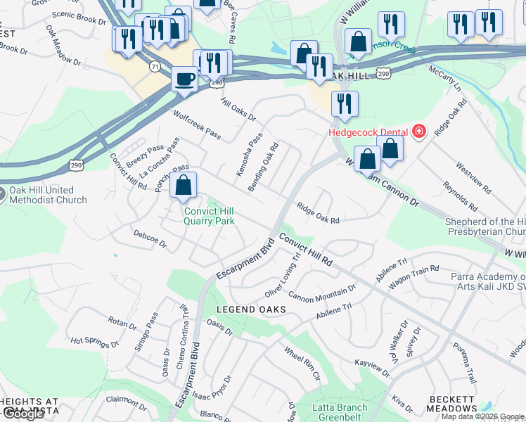 map of restaurants, bars, coffee shops, grocery stores, and more near 6301 Poncha Pass in Austin