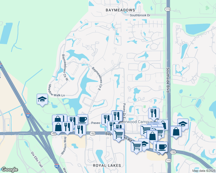 map of restaurants, bars, coffee shops, grocery stores, and more near 7850 Echo Springs Road in Jacksonville