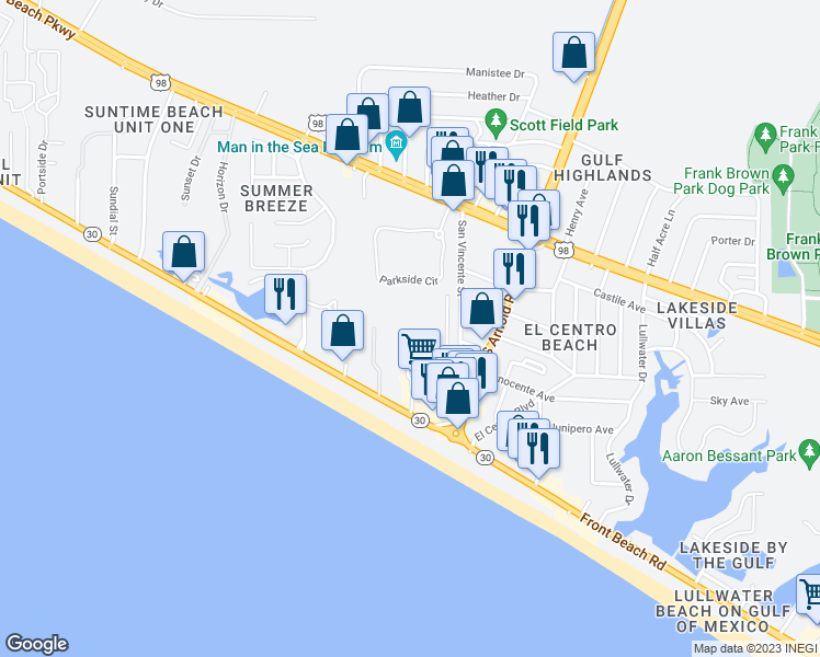 map of restaurants, bars, coffee shops, grocery stores, and more near 100 Cabana Cay Circle in Panama City Beach