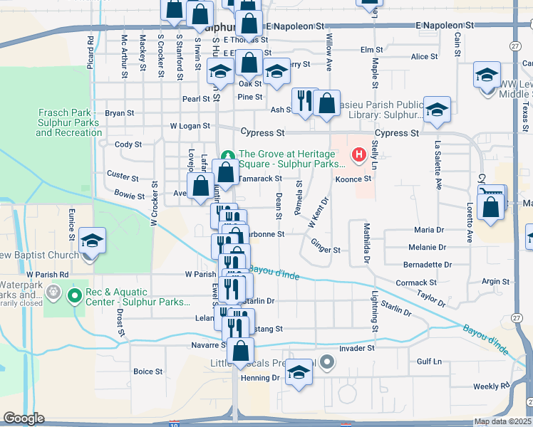 map of restaurants, bars, coffee shops, grocery stores, and more near 1514 Ruth Street in Sulphur