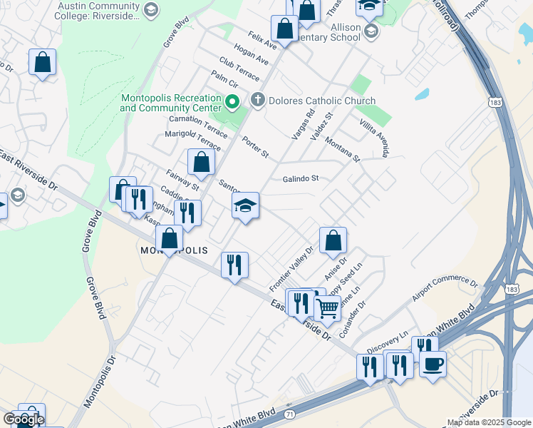 map of restaurants, bars, coffee shops, grocery stores, and more near 6703 Santos Street in Austin