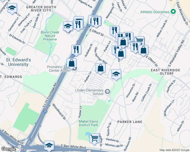 map of restaurants, bars, coffee shops, grocery stores, and more near 1900 Dinsdale Lane in Austin