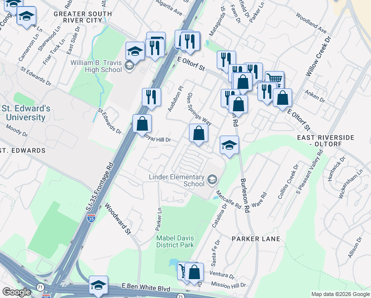 map of restaurants, bars, coffee shops, grocery stores, and more near 1900 Dinsdale Lane in Austin