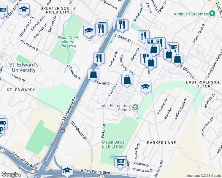 map of restaurants, bars, coffee shops, grocery stores, and more near 1726 Timber Ridge Drive in Austin