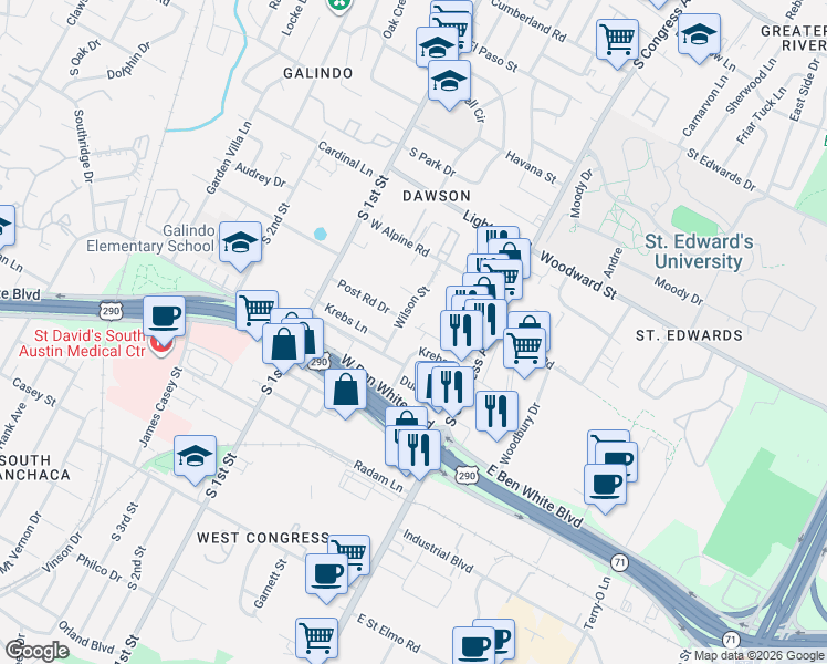 map of restaurants, bars, coffee shops, grocery stores, and more near 3809 Wilson Street in Austin