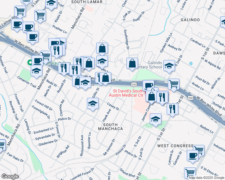 map of restaurants, bars, coffee shops, grocery stores, and more near 1114 Marcy Street in Austin