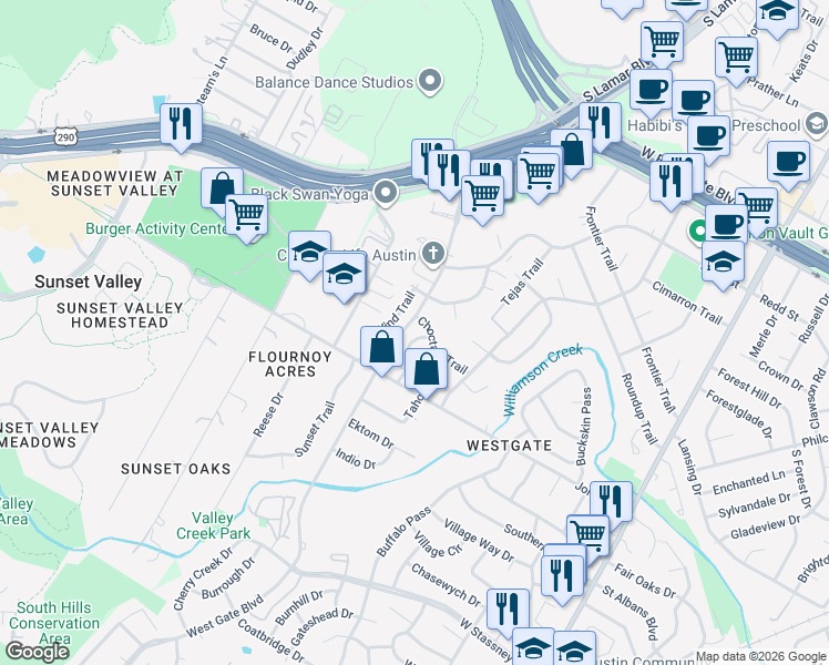 map of restaurants, bars, coffee shops, grocery stores, and more near 5000 Winding Trail in Austin