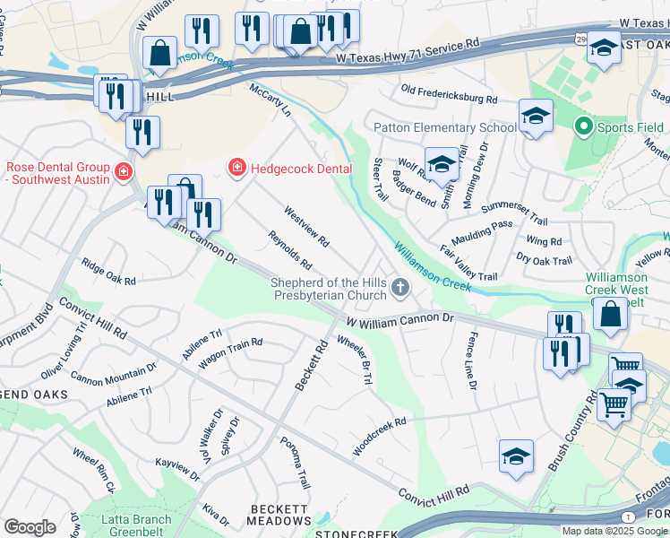 map of restaurants, bars, coffee shops, grocery stores, and more near 5503 Reynolds Road in Austin