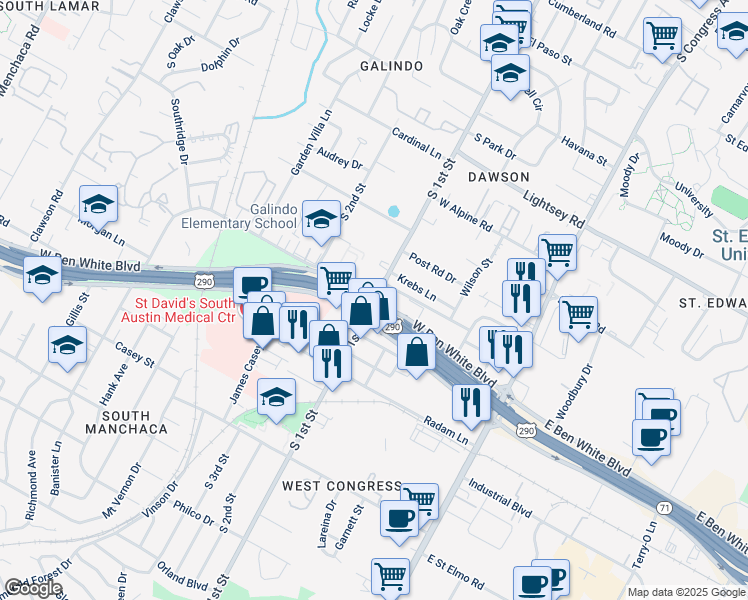 map of restaurants, bars, coffee shops, grocery stores, and more near S 1st St & W Ben White Blvd in Austin