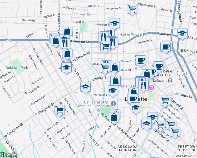 map of restaurants, bars, coffee shops, grocery stores, and more near 131 Cedar Crest Court in Lafayette