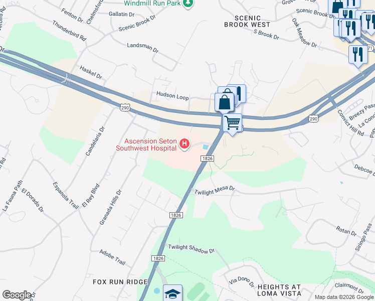 map of restaurants, bars, coffee shops, grocery stores, and more near 7900 Farm to Market Road 1826 in Austin