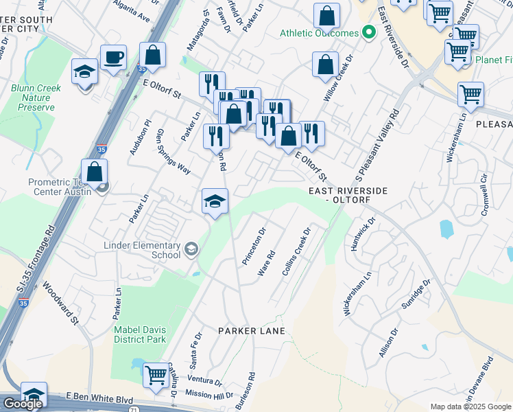 map of restaurants, bars, coffee shops, grocery stores, and more near Douglas Street in Austin