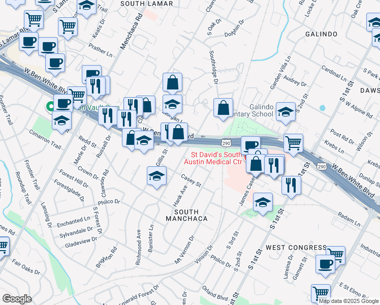 map of restaurants, bars, coffee shops, grocery stores, and more near 4301 Banister Ln in Austin
